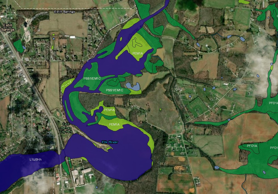 Wetlands Map of lower Tennessee, showing significant areas in Flood Zone.